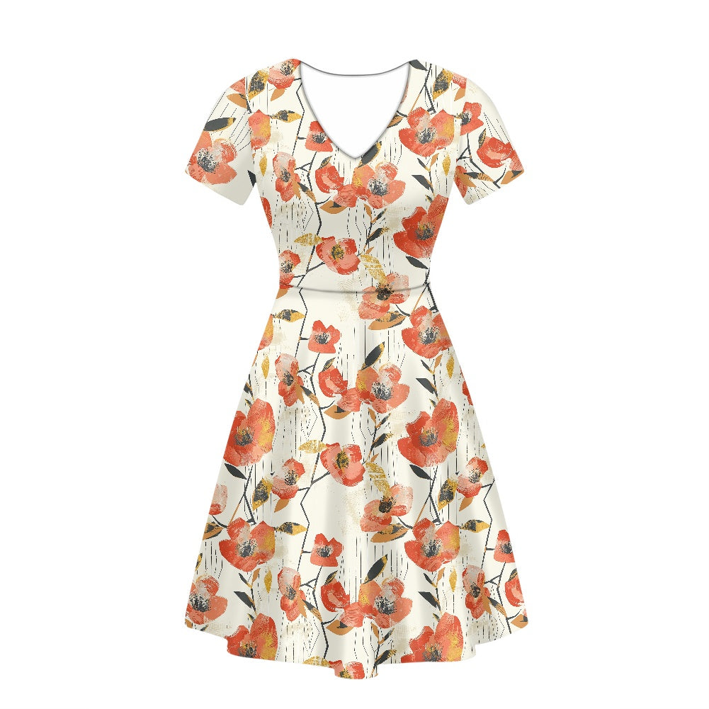 Women V-Neck Short Sleeve Ruffle Dress white