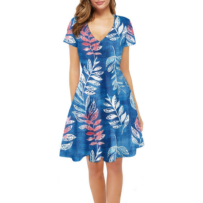 Blue Leaves Women V-Neck Short Sleeve Ruffle Dress