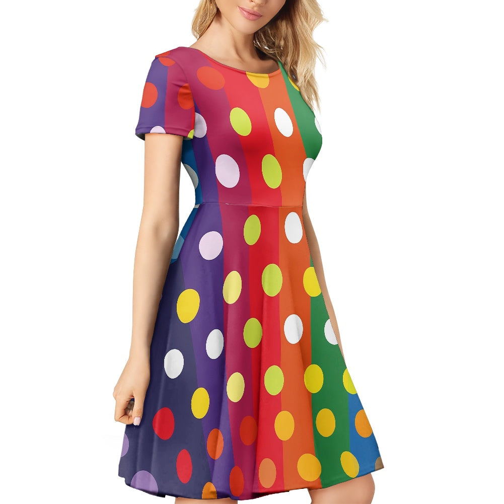 Rainbow Polka Women Scoop Neck Short Sleeve Ruffle Dress