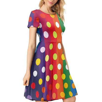Rainbow Polka Women Scoop Neck Short Sleeve Ruffle Dress