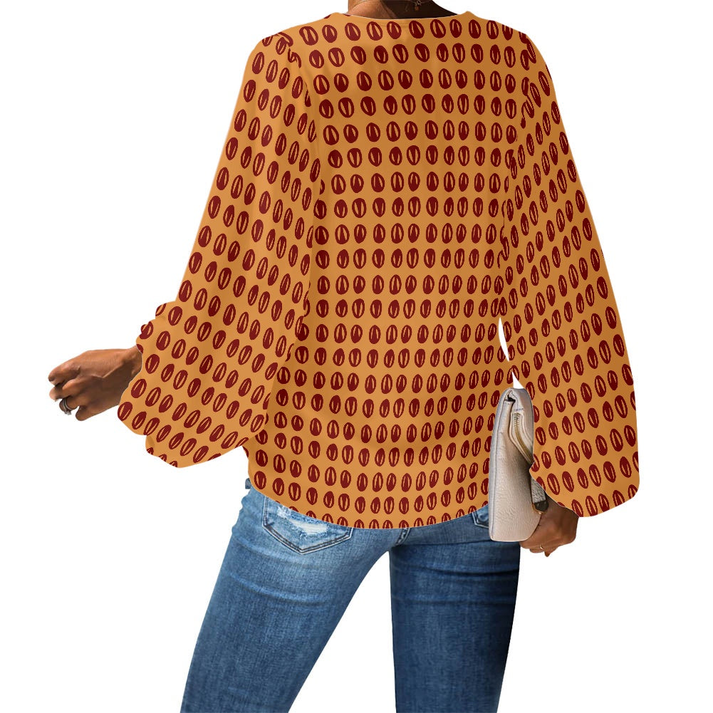 Ethnic Polka Dot Mudcloth V-Neck Chiffon Puff Sleeve Blouse by Luxtrini