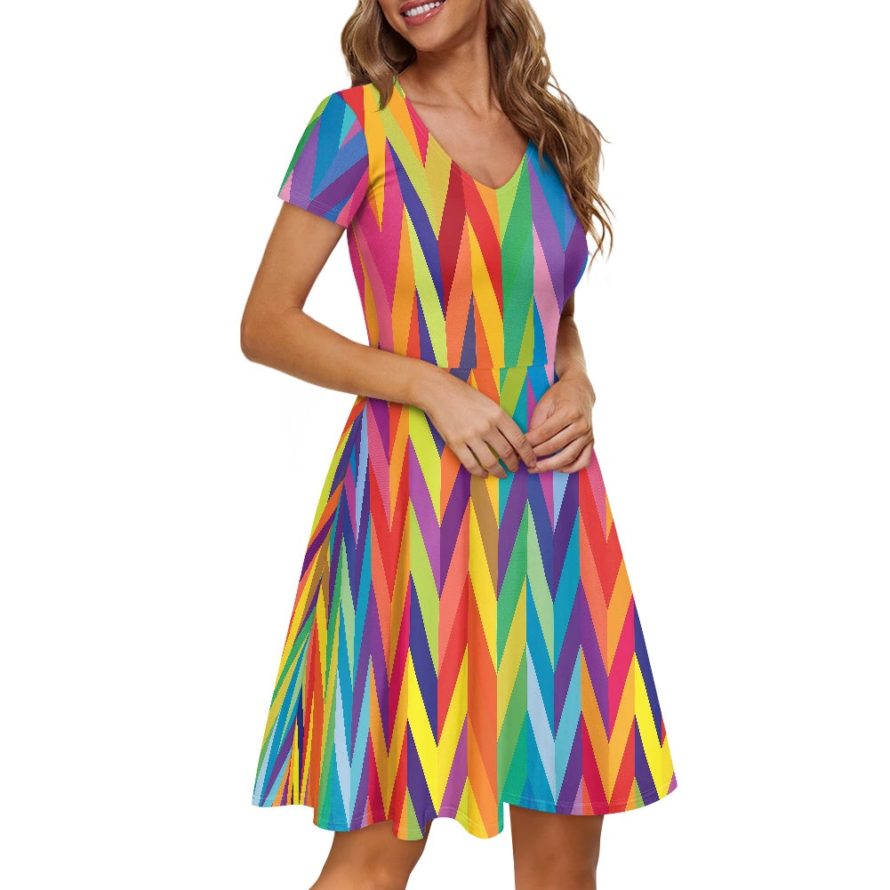 Rainbow Chevrons Women V-Neck Short Sleeve Ruffle Dress