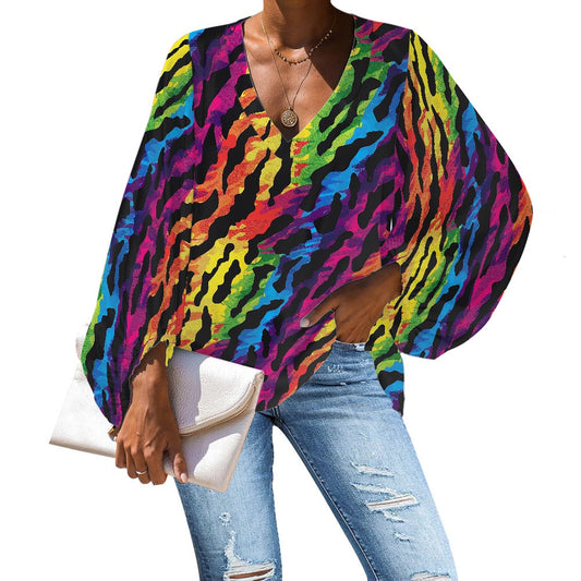 V-Neck Chiffon Puff Sleeve Blouse by Luxtrini 4XL
