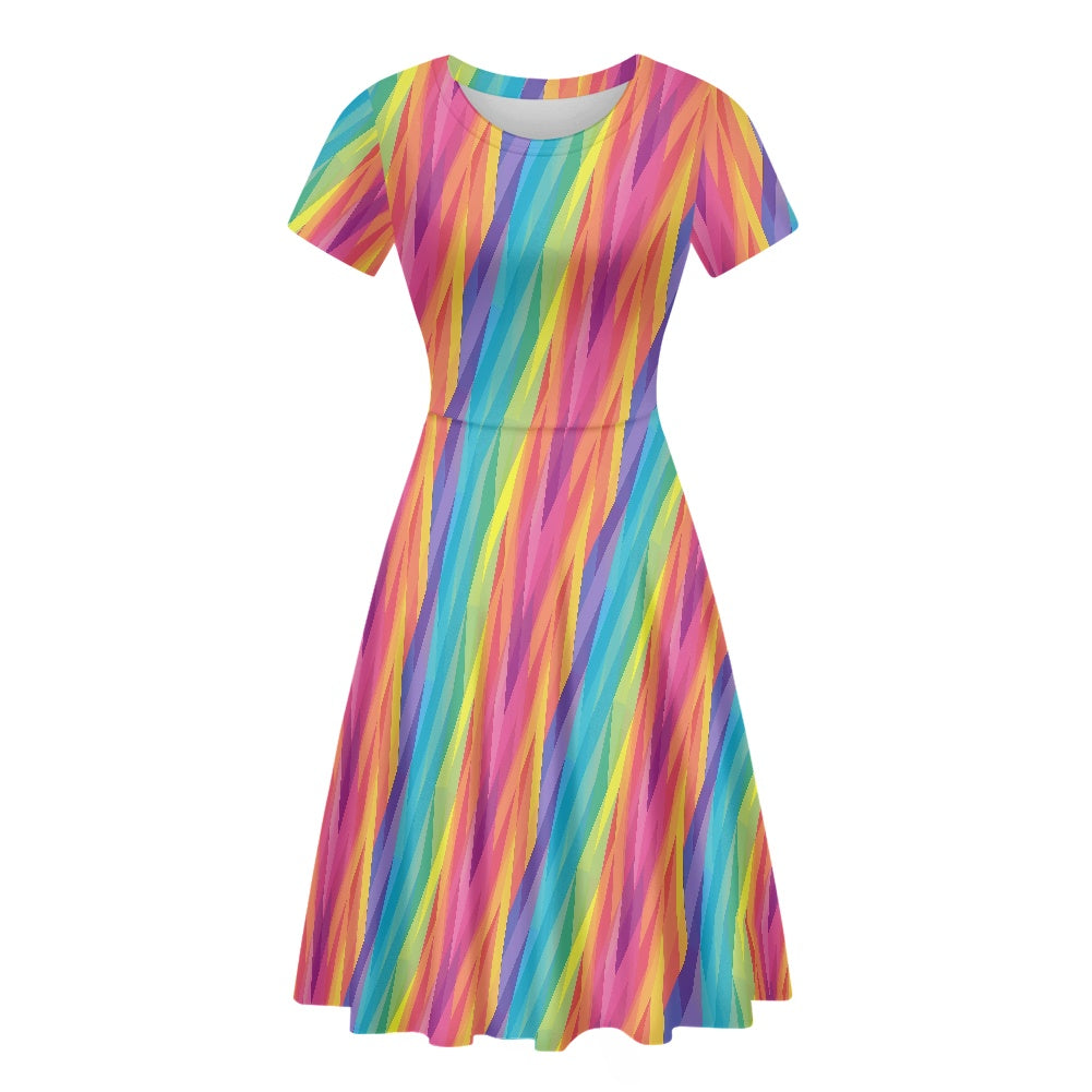Rainbow Chevron Women Scoop Neck Short Sleeve Ruffle Dress white