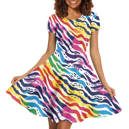 Rainbow Animal Print Women Scoop Neck Short Sleeve Ruffle Dress