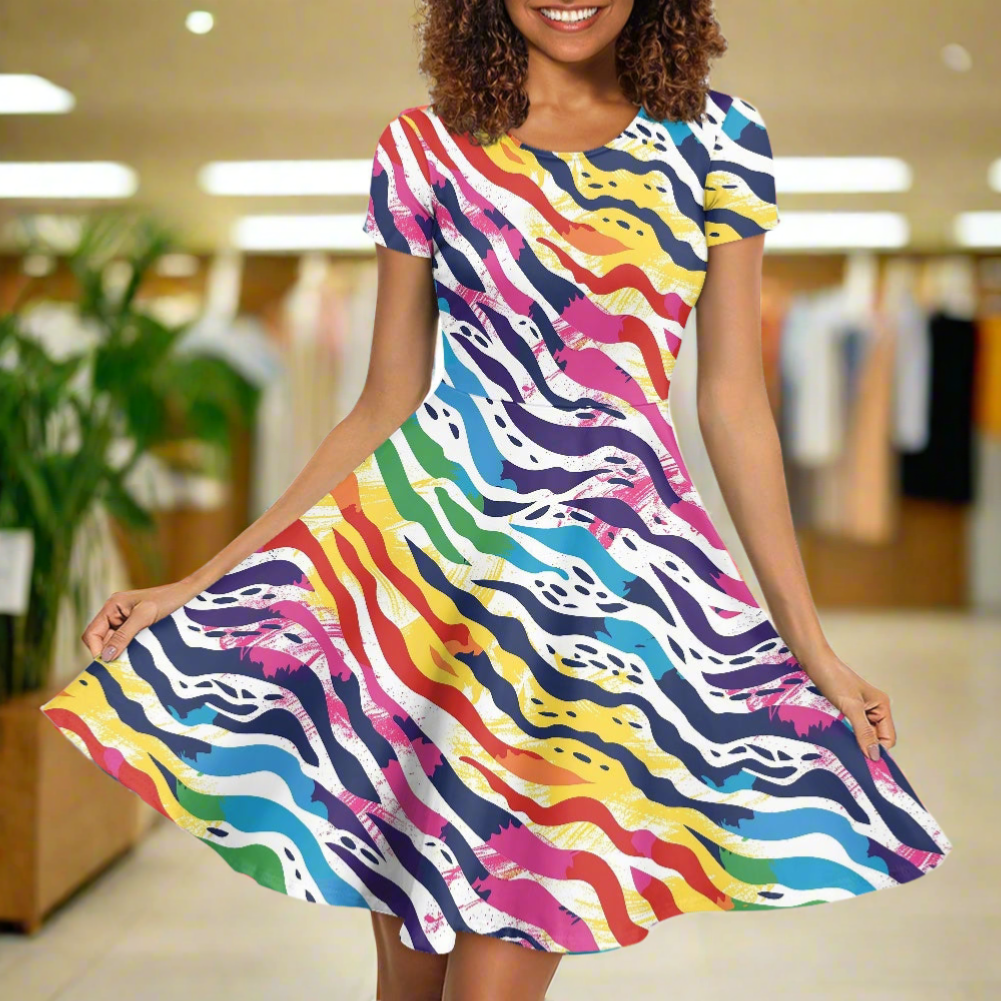 Rainbow Animal Print Women Scoop Neck Short Sleeve Ruffle Dress