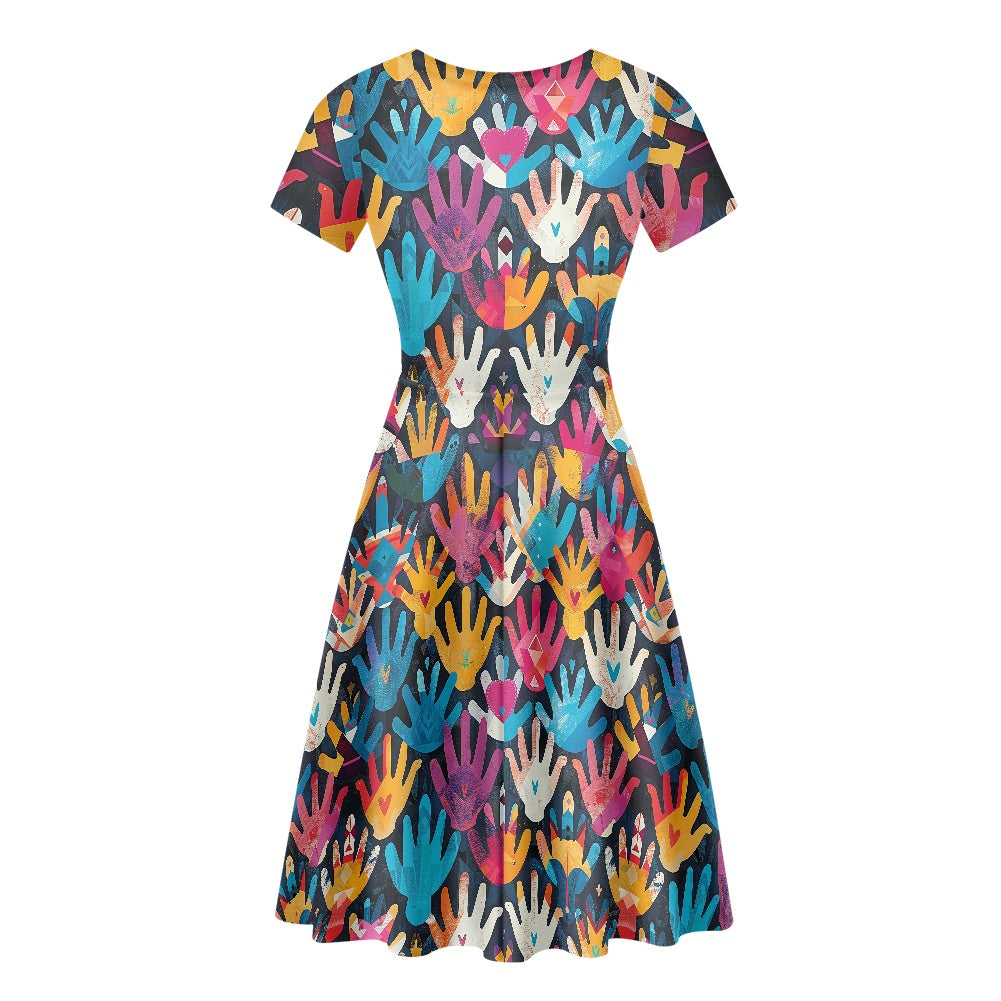 Women Scoop Neck Short Sleeve Ruffle Dress