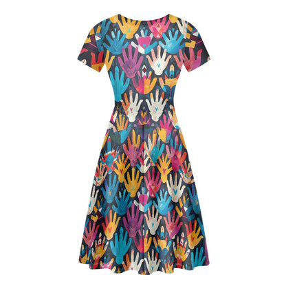 Women Scoop Neck Short Sleeve Ruffle Dress