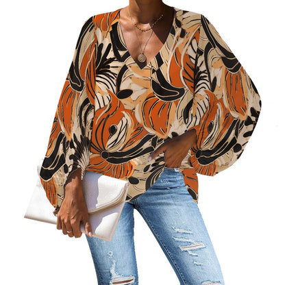 African Ethnic Floral pattern V-Neck Chiffon Puff Sleeve Blouse by Luxtrini 4XL