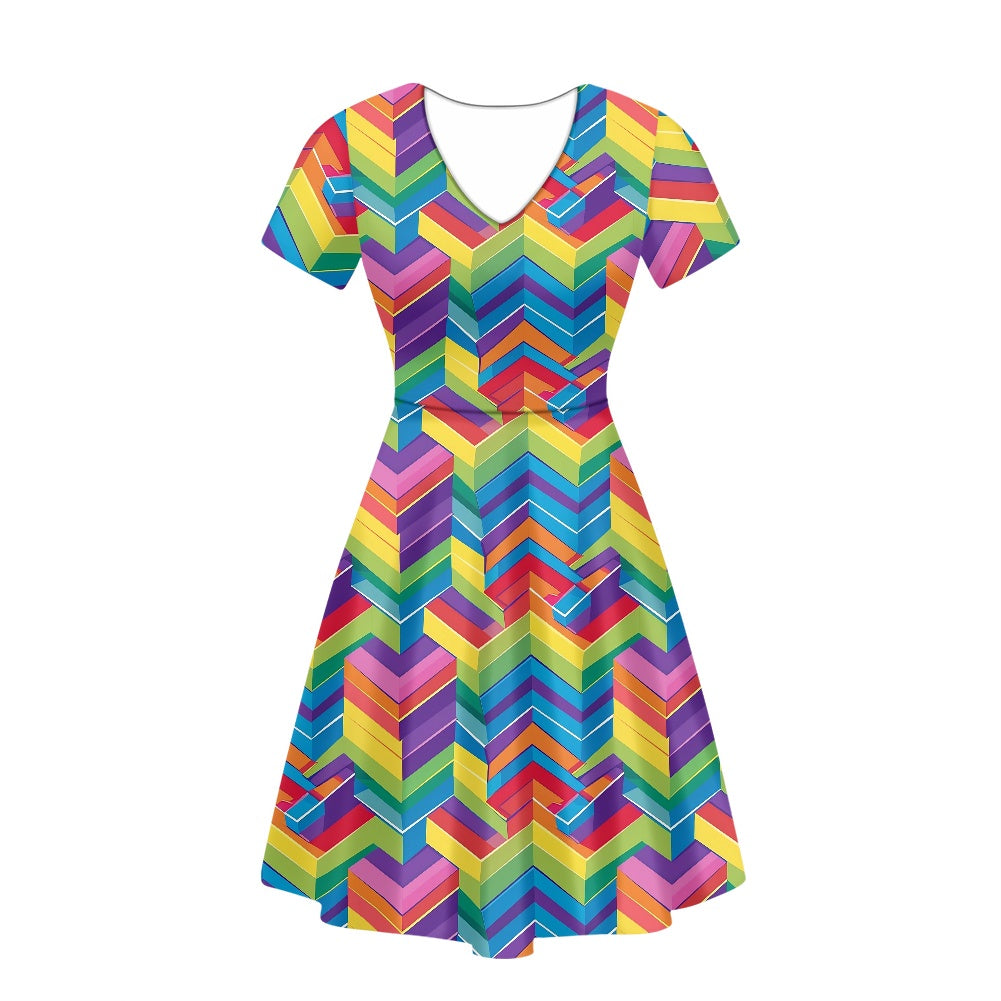Rainbow Geometric Women V-Neck Short Sleeve Ruffle Dress white
