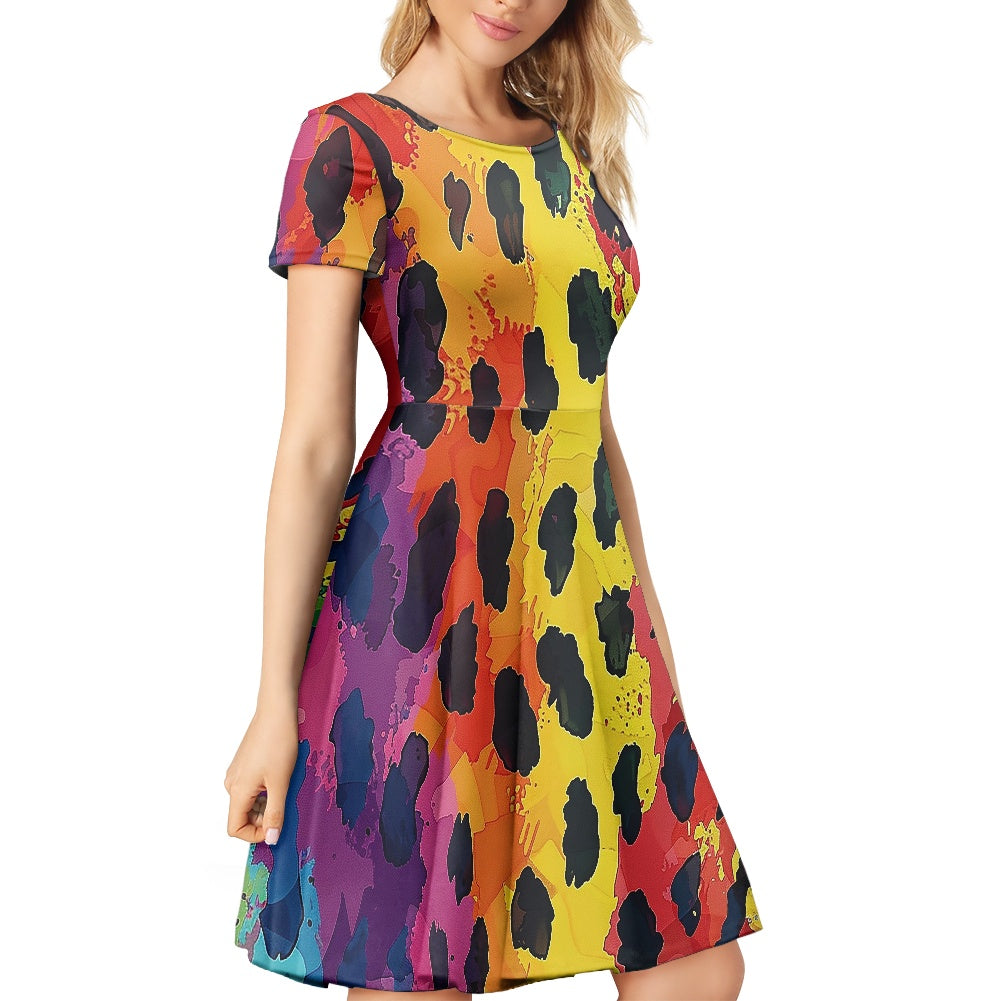 Women Scoop Neck Short Sleeve Ruffle Dress