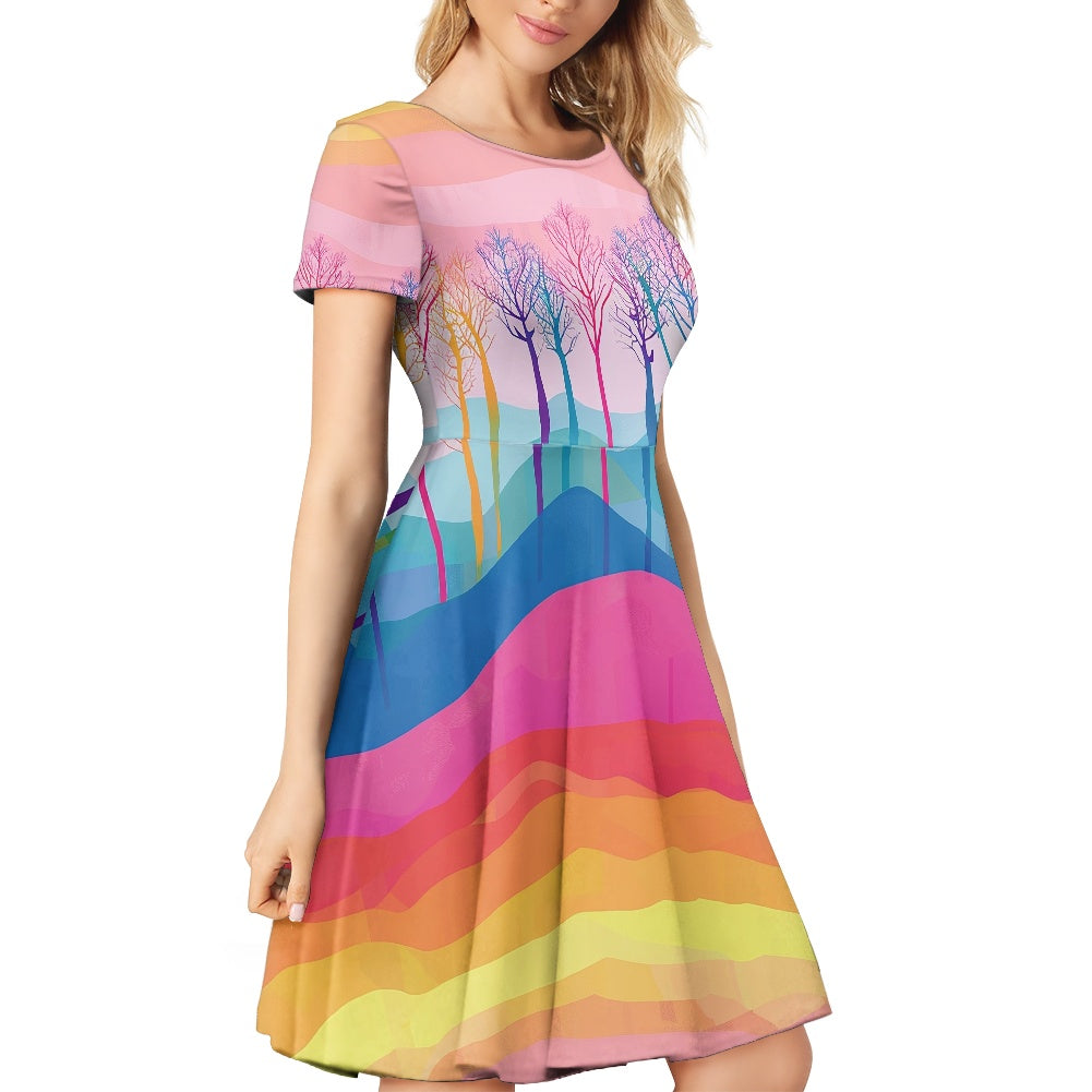 Rainbow Nature Scenic Women Scoop Neck Short Sleeve Ruffle Dress