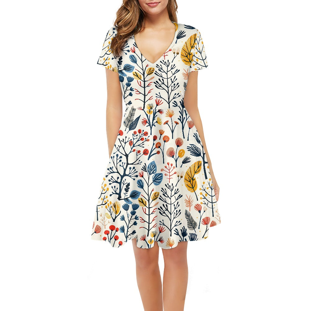Women V-Neck Short Sleeve Ruffle Dress