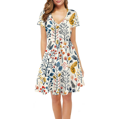 Women V-Neck Short Sleeve Ruffle Dress