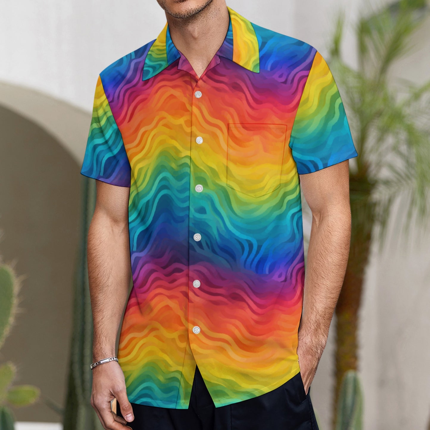 Rainbow Button-Up Shirt for Men – Bold Summer Short Sleeve, Lightweight Pride Festival Shirt, Relaxed Fit