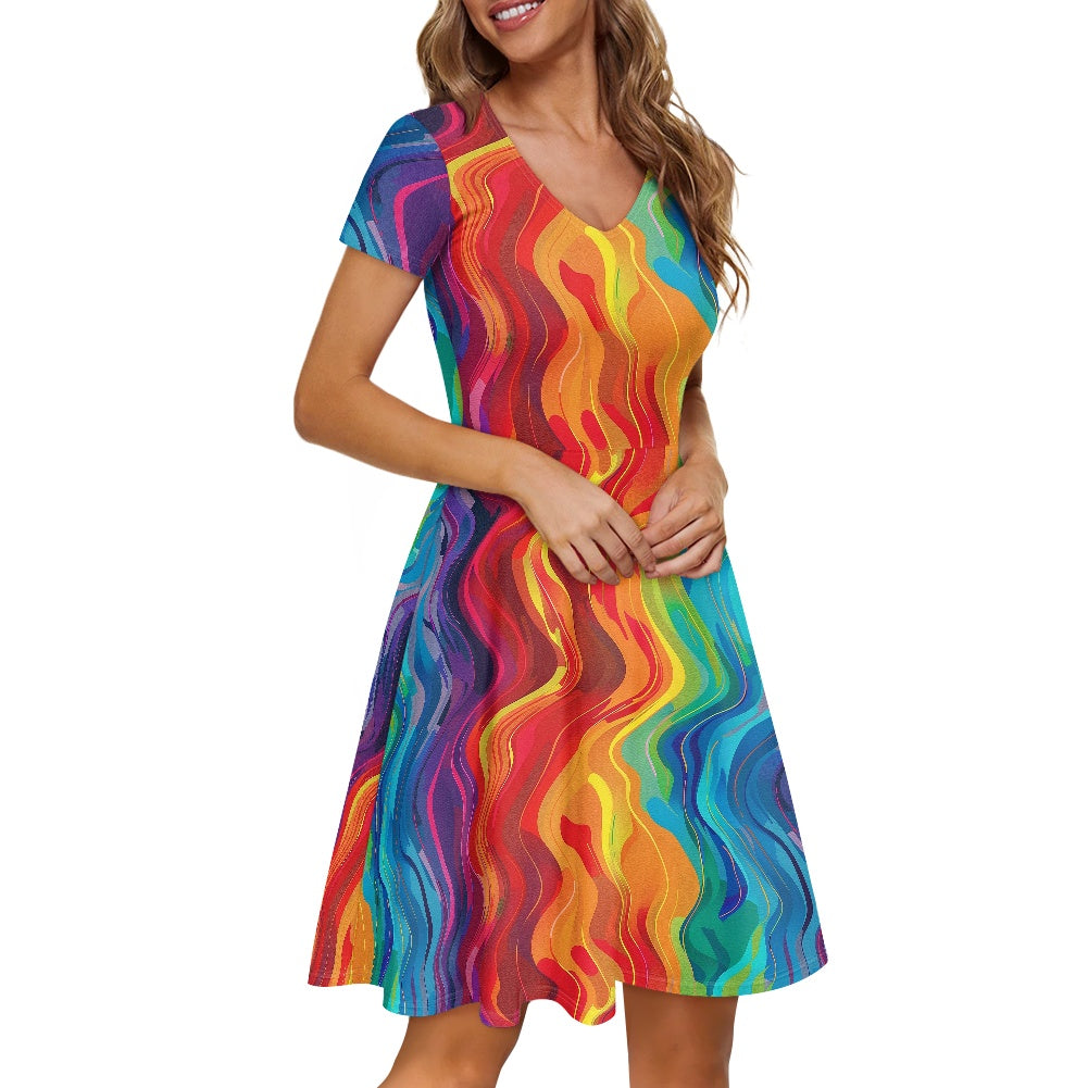 Women V-Neck Short Sleeve Ruffle Dress