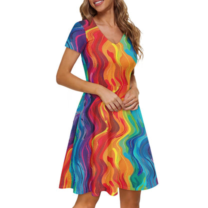 Women V-Neck Short Sleeve Ruffle Dress