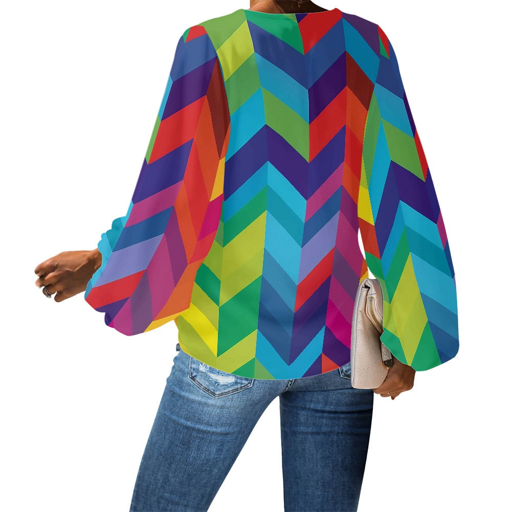 Rainbow Chevrons V-Neck Chiffon Puff Sleeve Blouse by Luxtrini