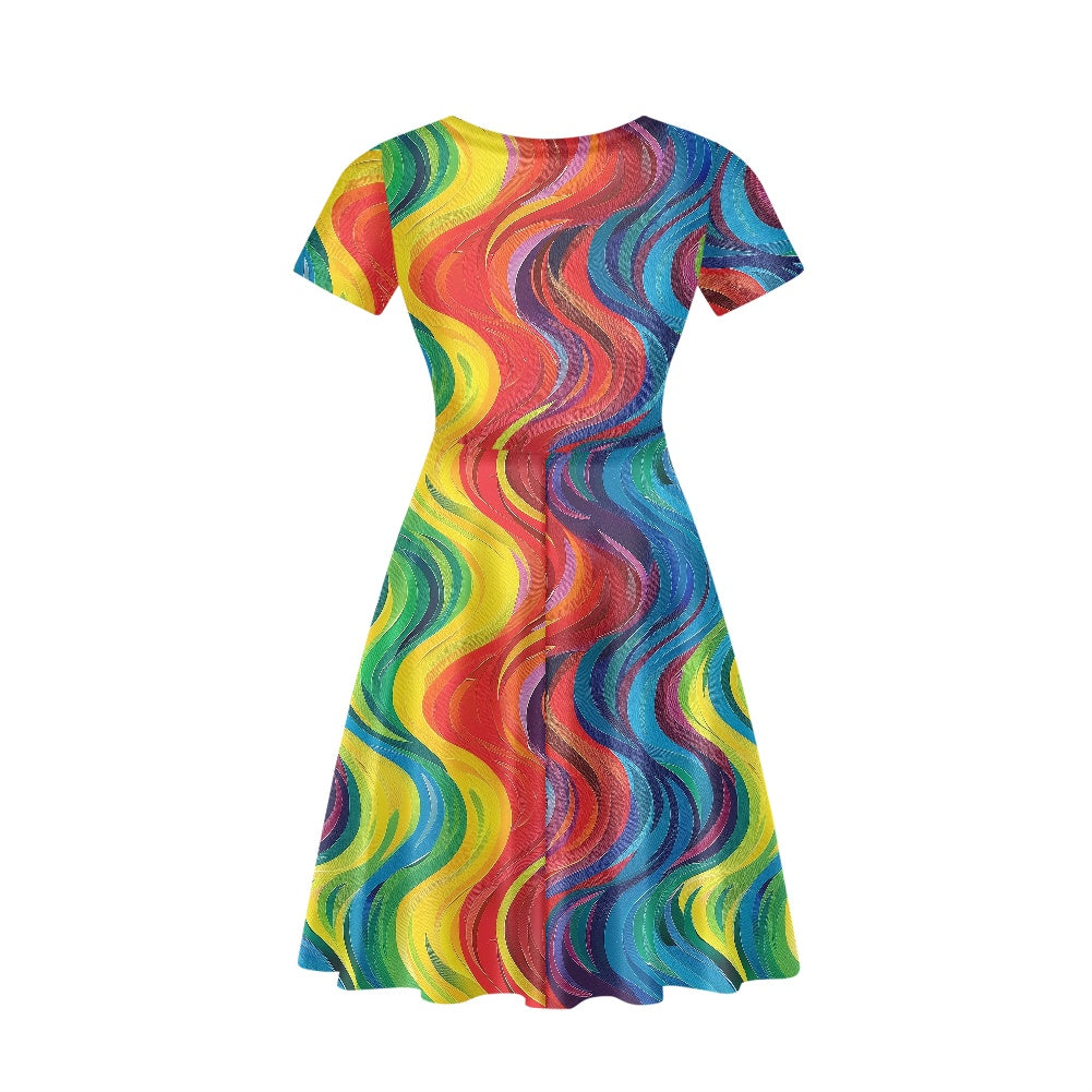 Rainbow Women V-Neck Short Sleeve Ruffle Dress
