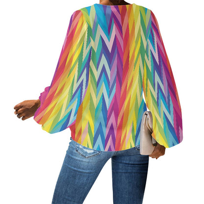 Rainbow Chevrons LGBTQ V-Neck Chiffon Puff Sleeve Blouse by Luxtrini