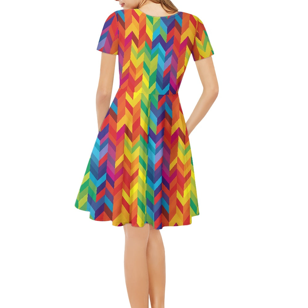 Rainbow Chevron Women V-Neck Short Sleeve Ruffle Dress