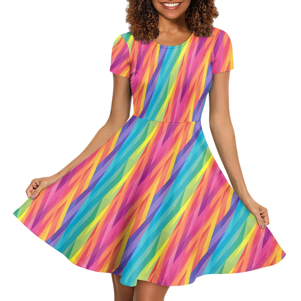 Rainbow Chevron Women Scoop Neck Short Sleeve Ruffle Dress