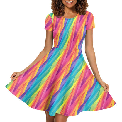Rainbow Chevron Women Scoop Neck Short Sleeve Ruffle Dress