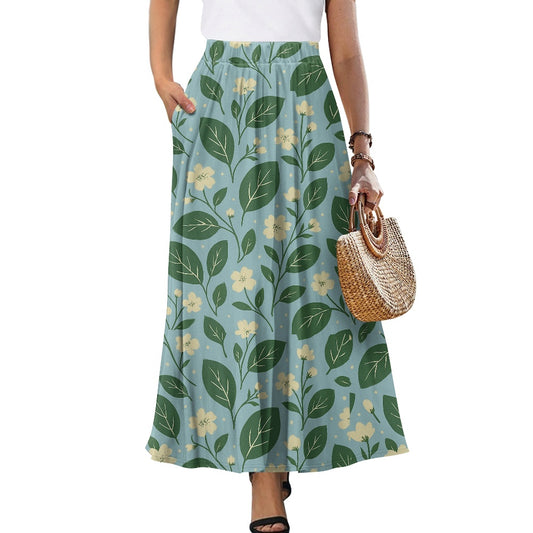 Vintage Garden Bloom Skirt – Handmade Boho Maxi Skirt with Pockets | Eco-Friendly Blue & Green Flora white