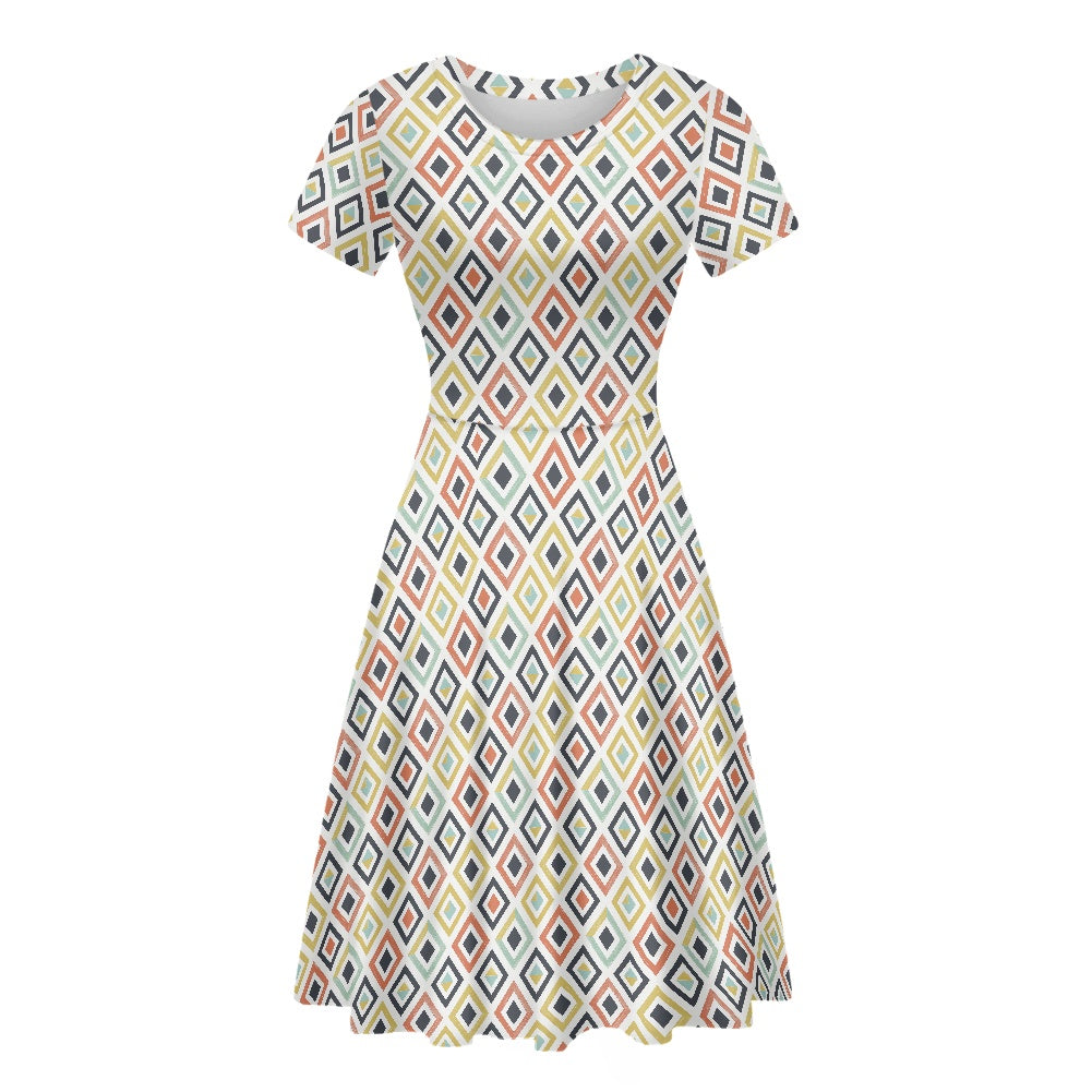 Multicolored Diamonds Women Scoop Neck Short Sleeve Ruffle Dress white
