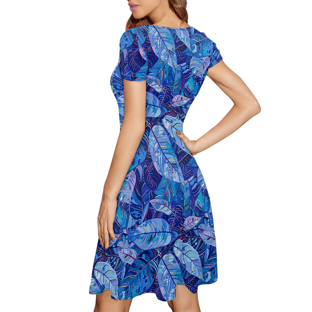 Vibrant, Blue, Tropical-print Women Scoop Neck Short Sleeve Ruffle Dress