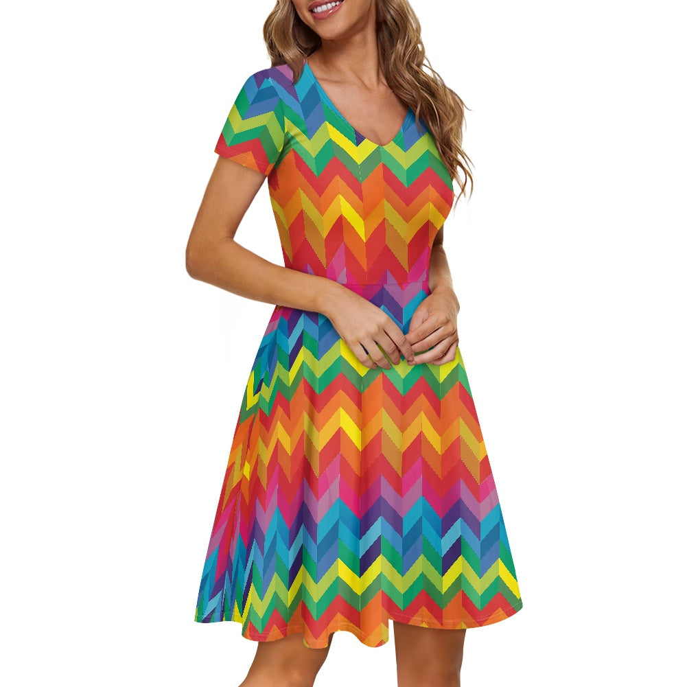 Rainbow Chevron Women V-Neck Short Sleeve Ruffle Dress