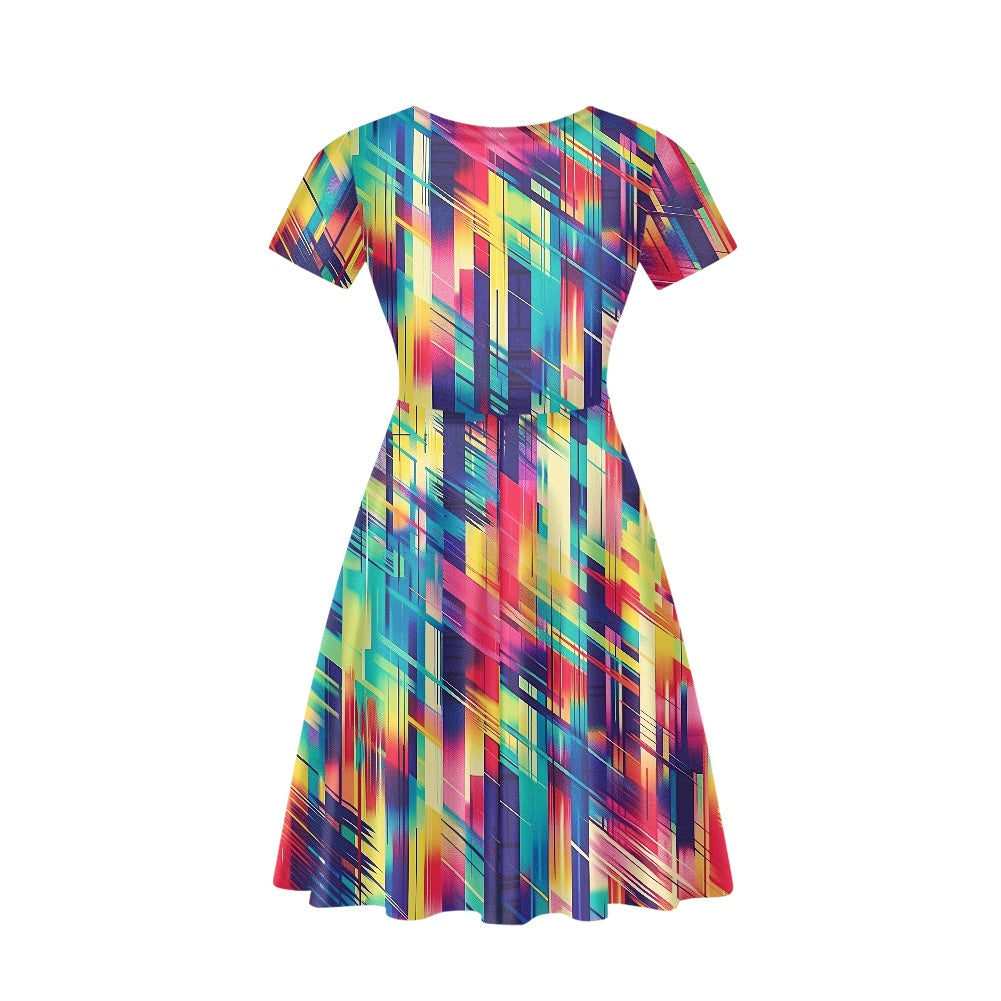 Rainbow Glitch Women V-Neck Short Sleeve Ruffle Dress