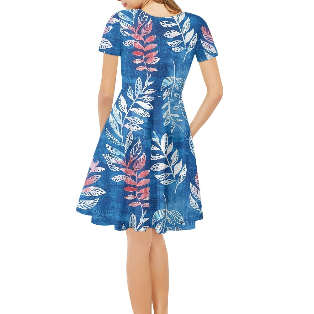 Blue Leaves Women V-Neck Short Sleeve Ruffle Dress