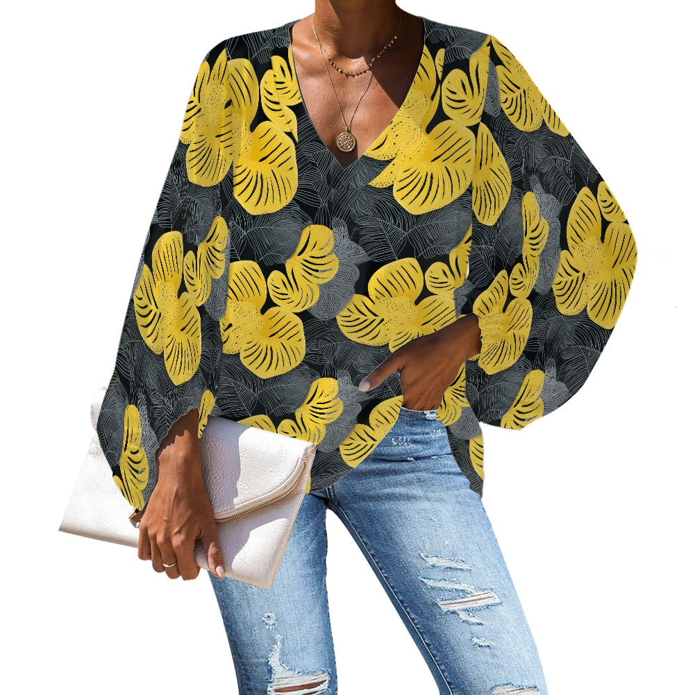 V-Neck Puff Sleeve Chiffon Blouse white