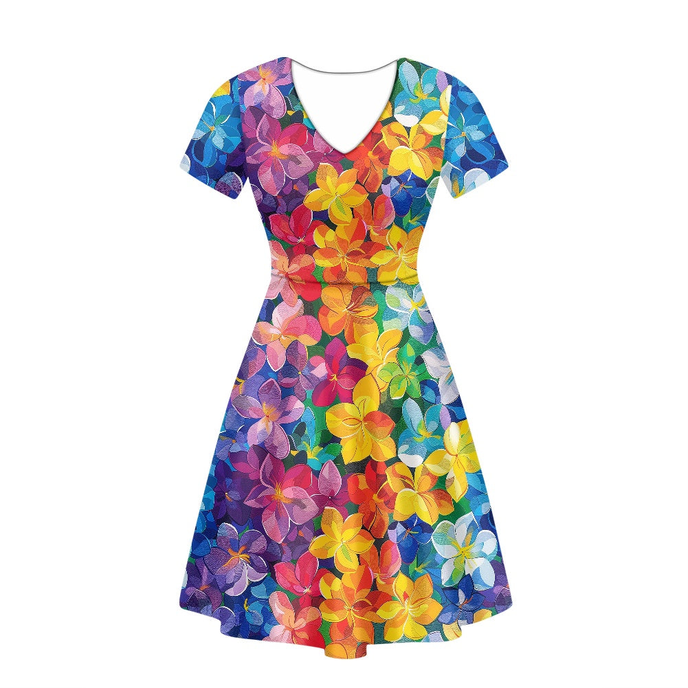 Rainbow Flowers Women V-Neck Short Sleeve Ruffle Dress white