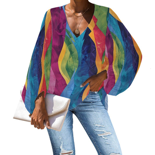 V-Neck Chiffon Puff Sleeve Blouse by Luxtrini 4XL