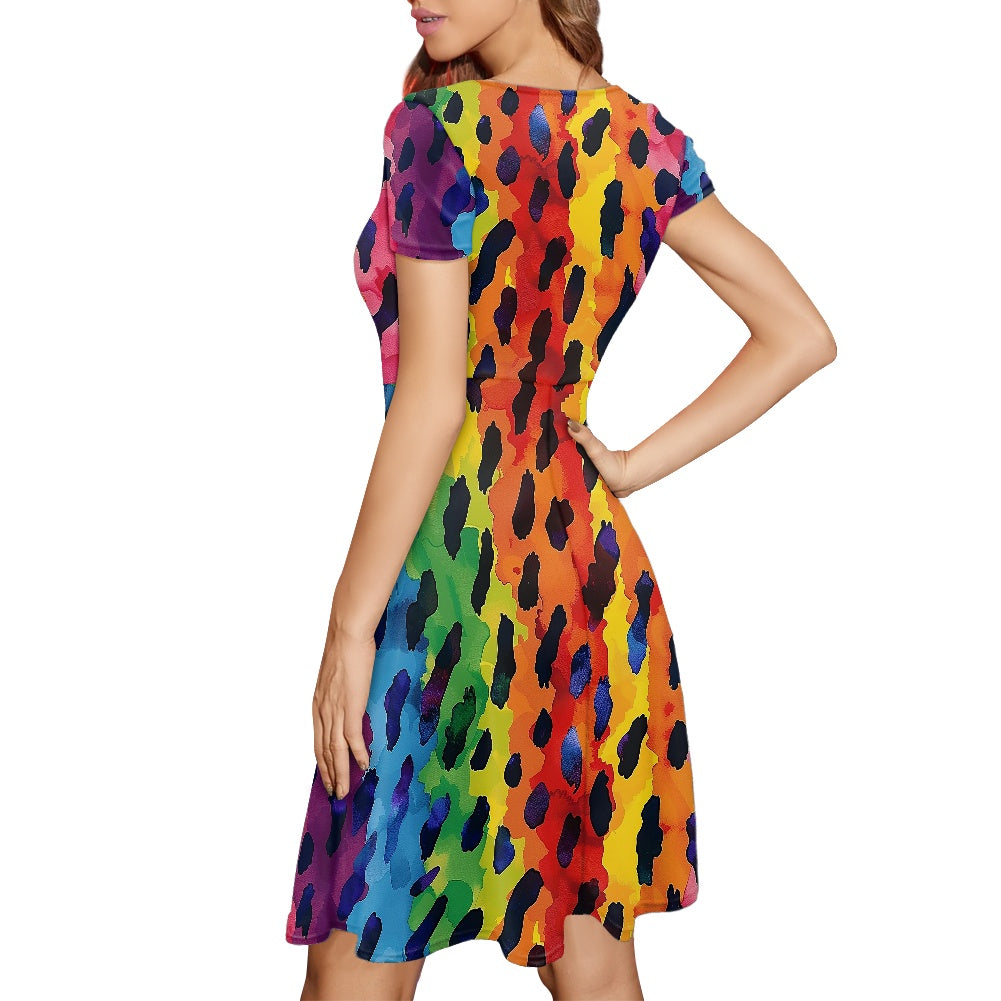 Women Scoop Neck Short Sleeve Ruffle Dress