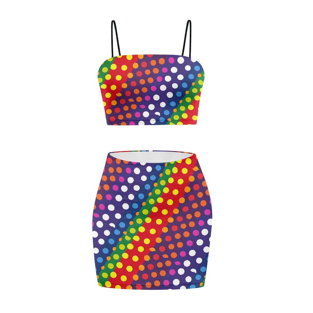 LGBTQ-Friendly Rainbow Polka Dot Fashionable Two-Piece Outfit: Bandeau Crop Top and High-Waist Mini Skirt by Luxtrini white