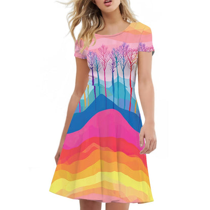 Rainbow Nature Scenic Women Scoop Neck Short Sleeve Ruffle Dress