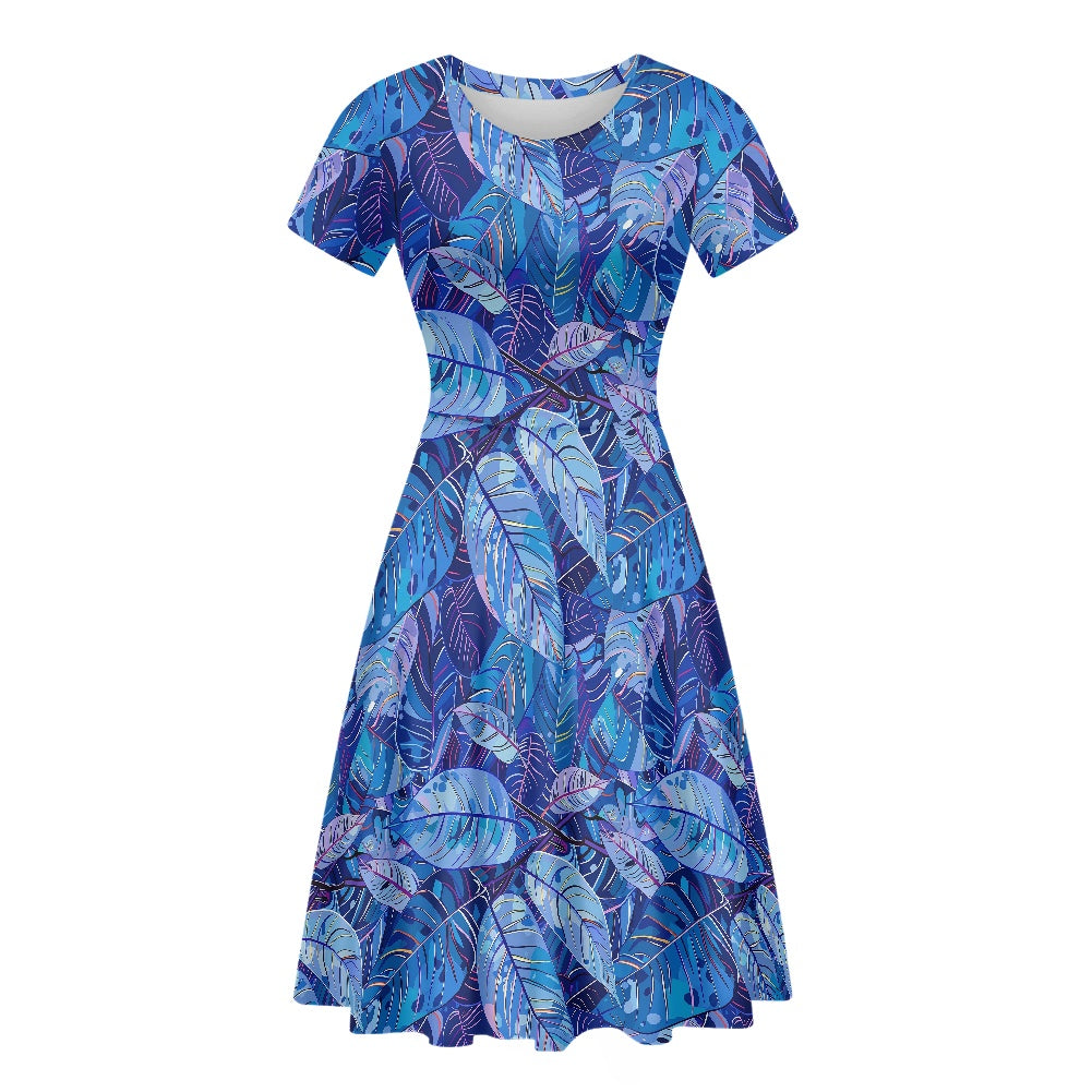 Vibrant, Blue, Tropical-print Women Scoop Neck Short Sleeve Ruffle Dress white