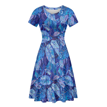 Vibrant, Blue, Tropical-print Women Scoop Neck Short Sleeve Ruffle Dress white