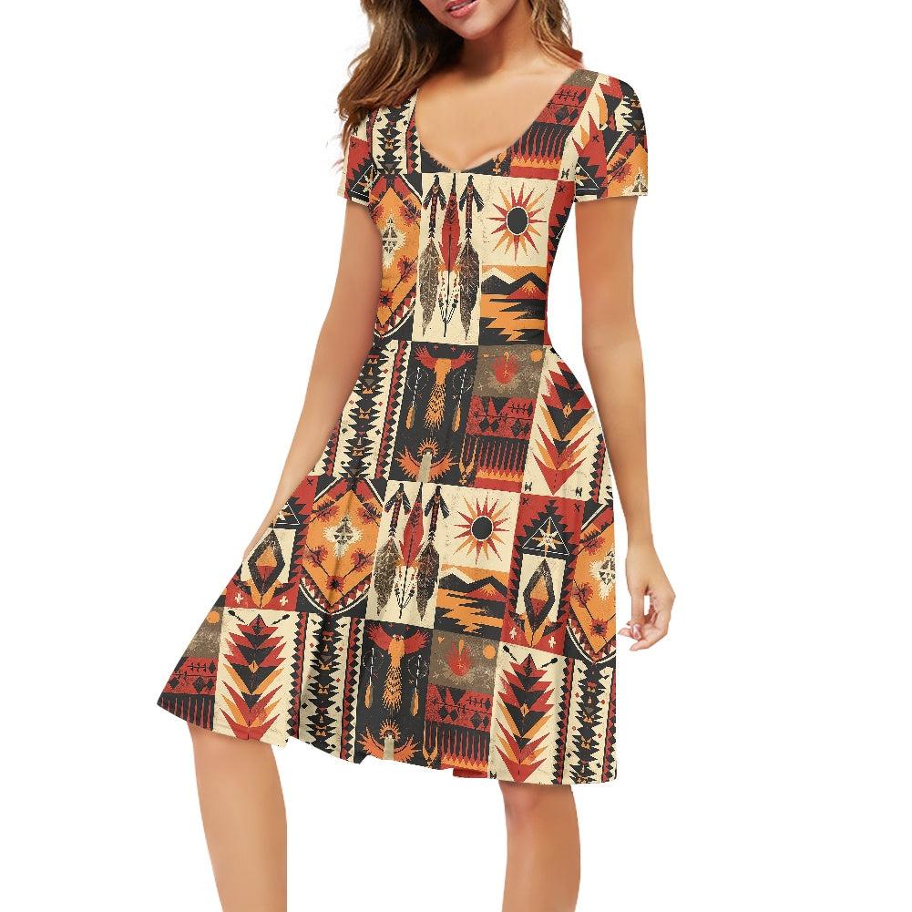 Women V-Neck Short Sleeve Ruffle Dress