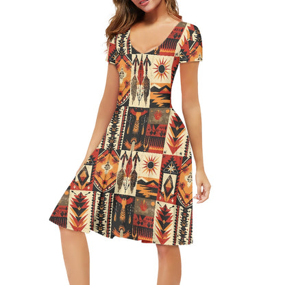 Women V-Neck Short Sleeve Ruffle Dress