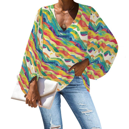 V-Neck Chiffon Puff Sleeve Blouse by Luxtrini 4XL
