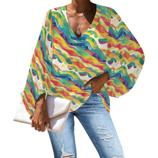 V-Neck Chiffon Puff Sleeve Blouse by Luxtrini 4XL