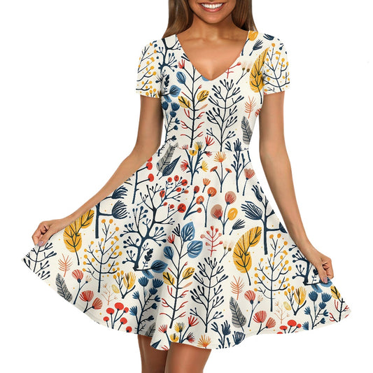 Women V-Neck Short Sleeve Ruffle Dress