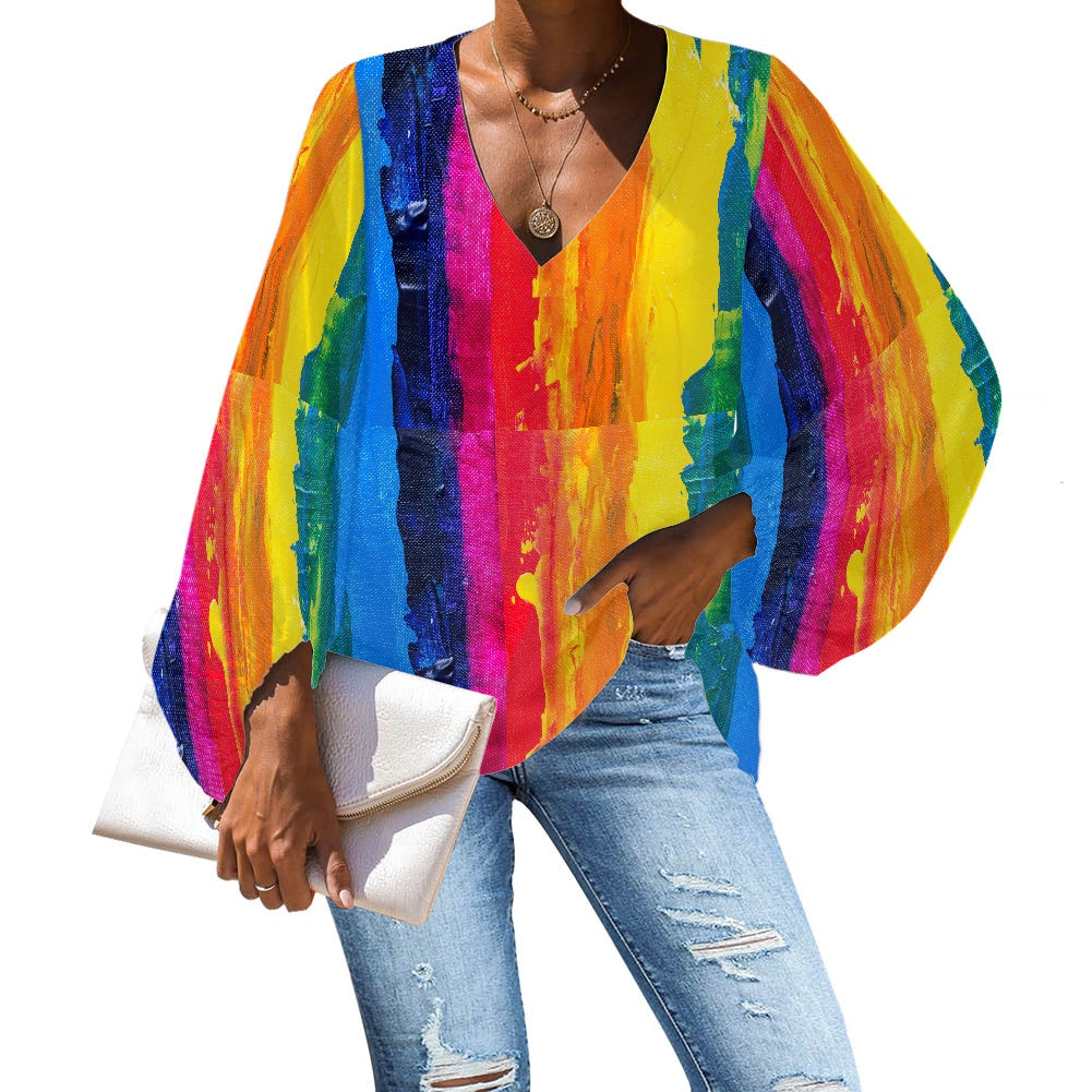 LGBTQ Painting Stripes V-Neck Chiffon Puff Sleeve Blouse by Luxtrini 4XL