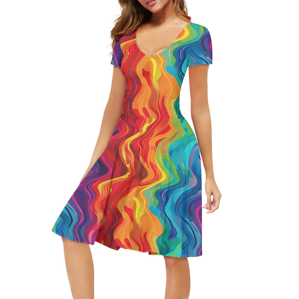 Women V-Neck Short Sleeve Ruffle Dress