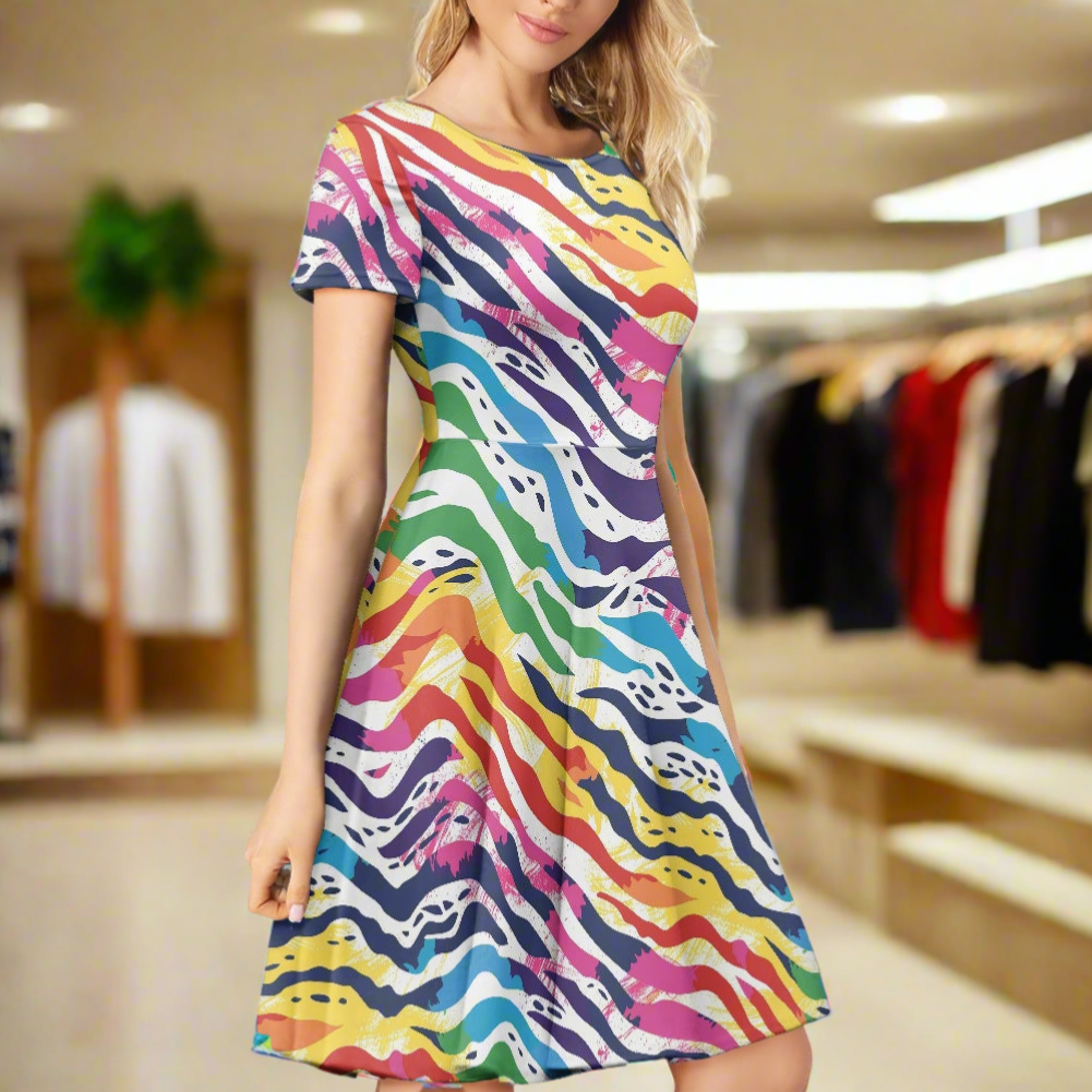 Rainbow Animal Print Women Scoop Neck Short Sleeve Ruffle Dress