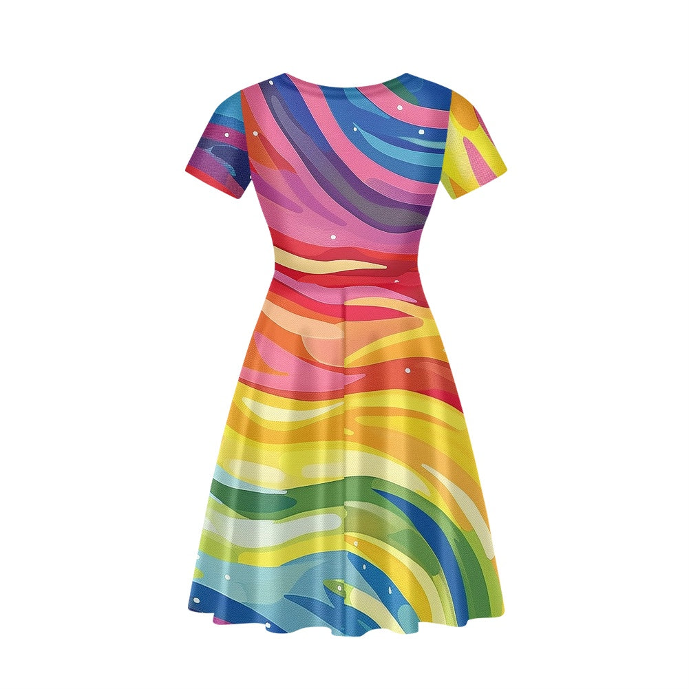 Rainbow Women V-Neck Short Sleeve Ruffle Dress